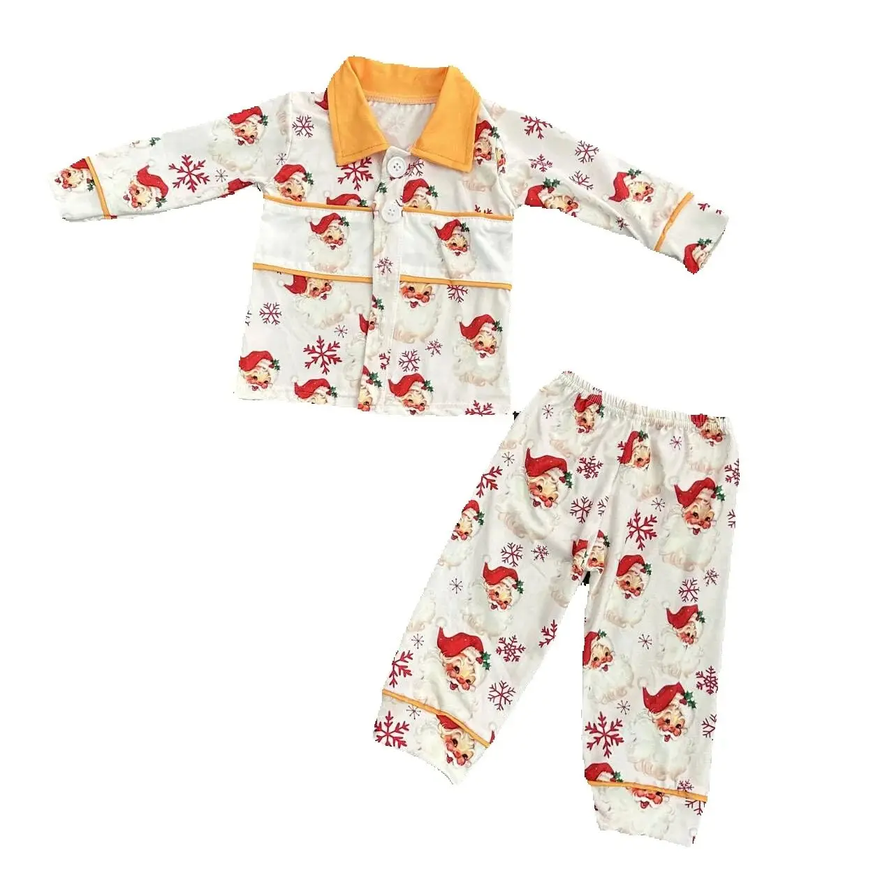 New Hot Selling Christmas Clothing Set Yellow Pajama Set Boys Girls Clothes Santa Claus Print Customized Milk Silk Clothing