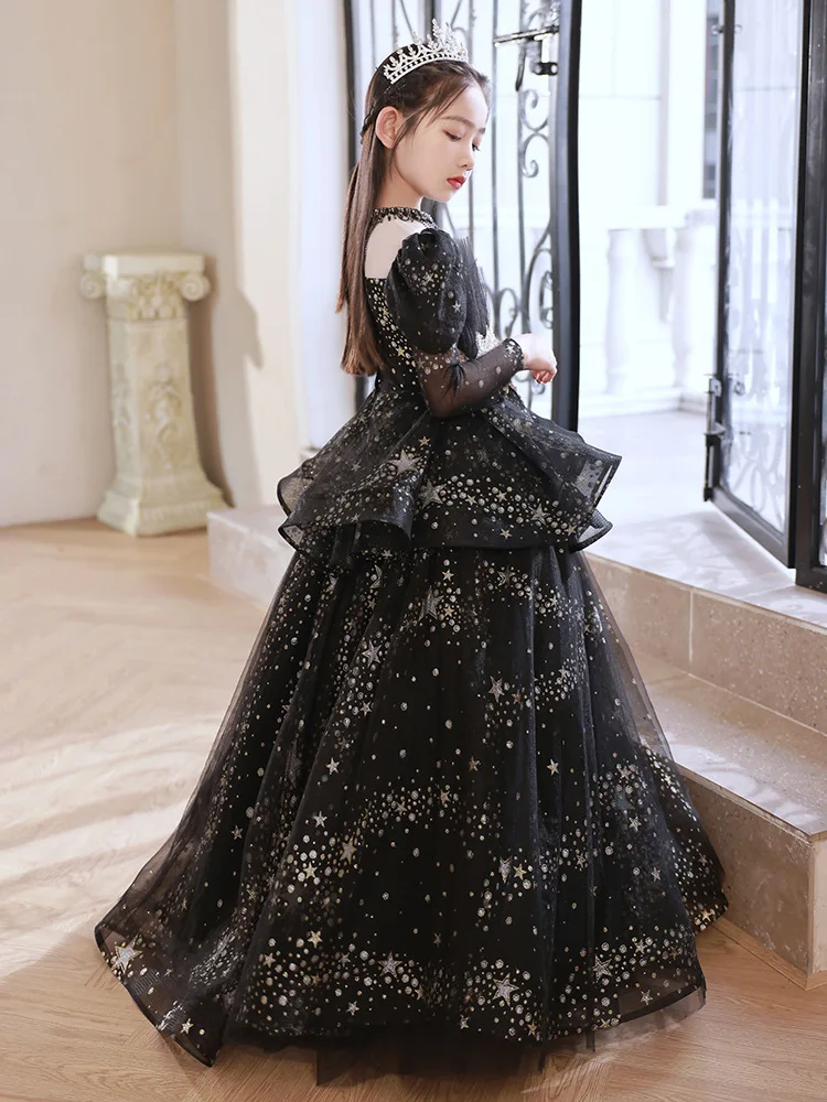 Flower Girl Wedding Ball Dresses New 2025 Black Girls Dress Long Birthday High Collar Sequined Tutu Performance Gowns Customized