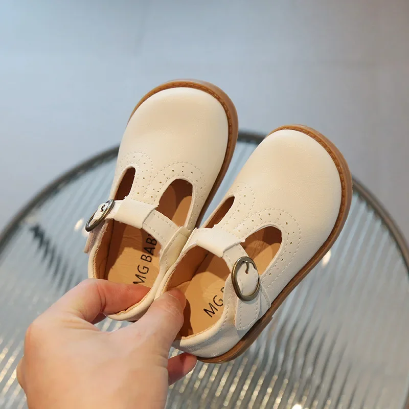 Children's Leather Shoes Spring Fashion T-strap Hollow-out Kids School Mary Janes Causal Soft Soled Boys Girls Flat Single Shoes