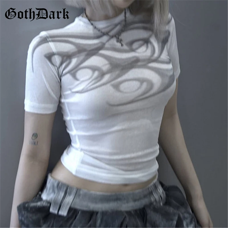 

Goth Dark Mall Gothic Crew Neck Short Sleeve T-shirts Harajuku Fashion Printed Skinny Crop Tops Women Cyber Y2K Sheer T-shirt