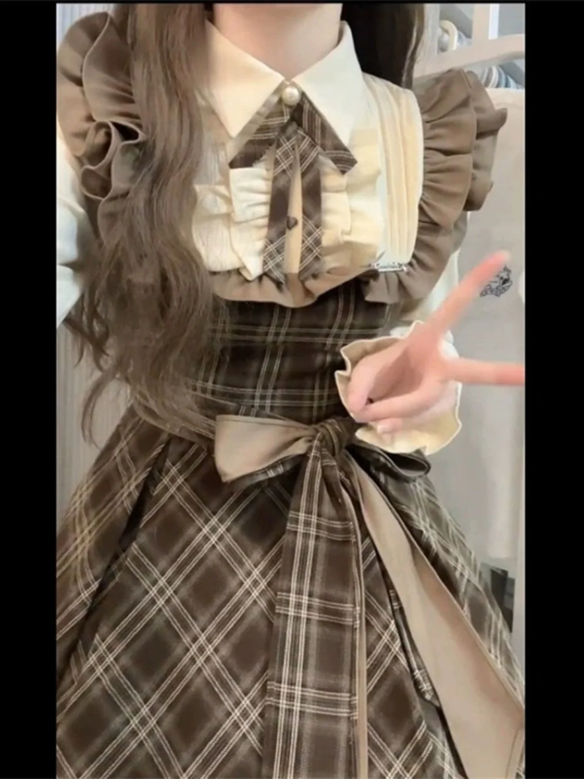 Sukienka Coalfell w stylu vintage, w kratę, z długim rękawem, jesienno-zimowa, w stylu Lolita, w stylu college, imitacja dwuczęściowej koszuli i spódnicy, słodka długa sukienka.