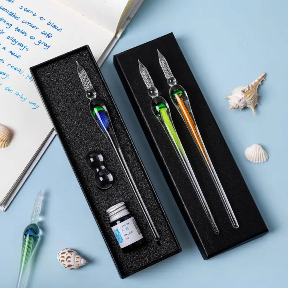 

1 Set Dip Pen Fancy Calligraphic Writing Glass Pen with Ink Colorful Glass Pen