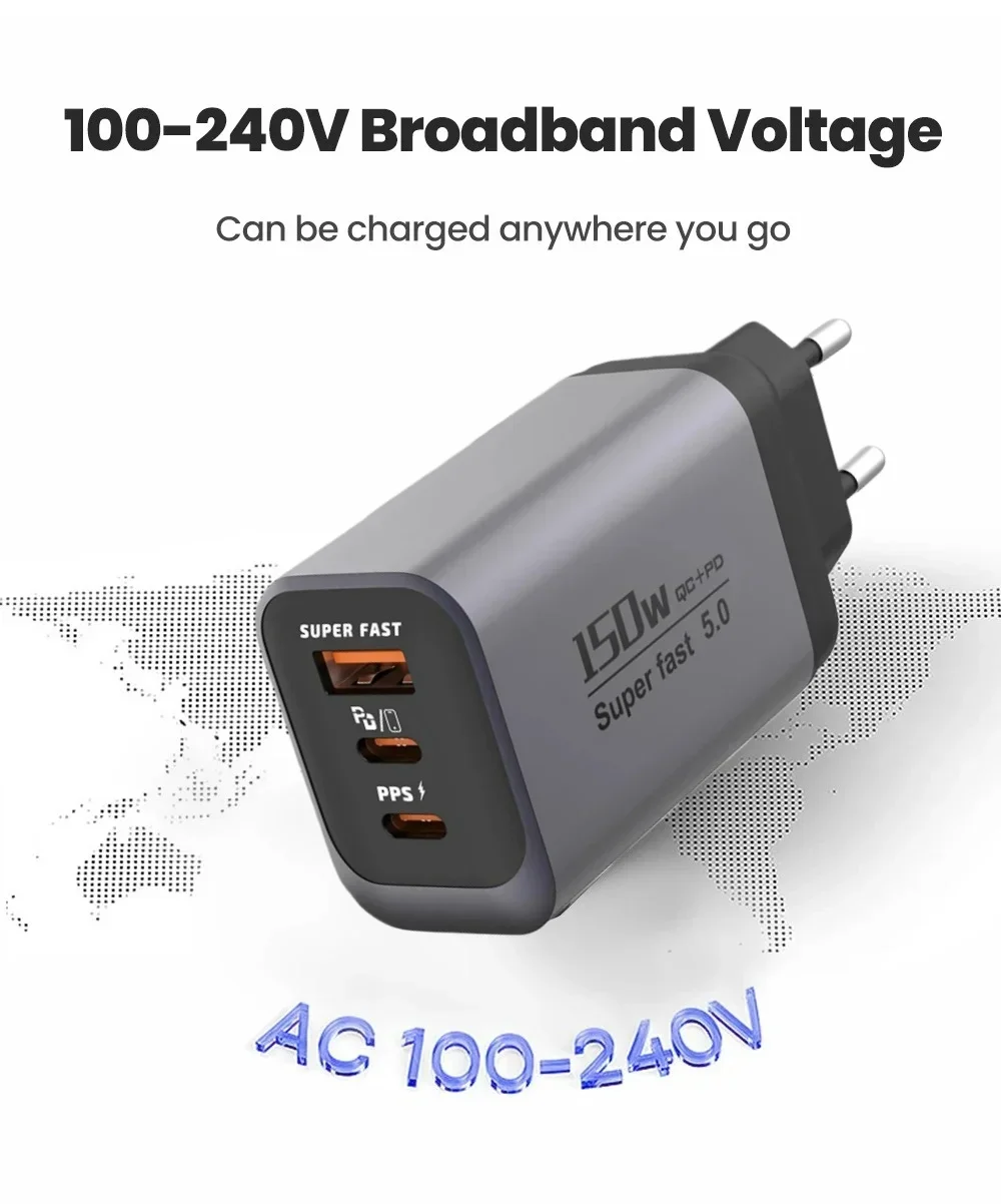 150W Fast Charging 3 Ports Mobile Phone Charger QC3.0 USB Type C Chargers Dual PD USB Wall Adapter EU/US Plug for iPhone Samsung