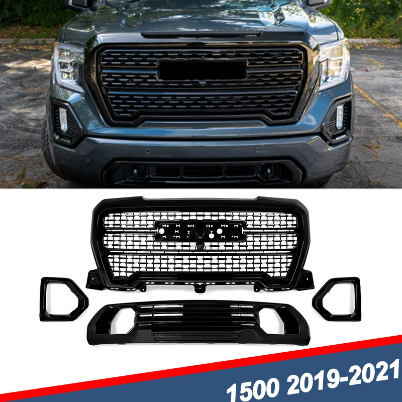 4pcs Modified Grille Assembly Fit For 2019-2022 GMC Sierra 1500 Denali AT4 Front Upper Grille+Bumper Valance Plate+Fog Bezel Kit