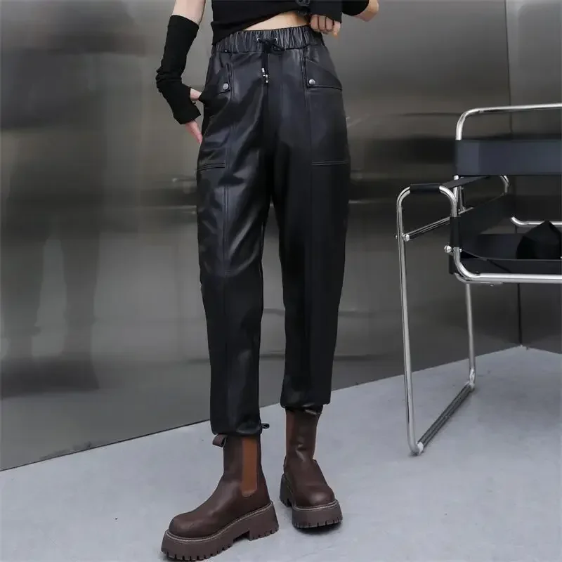 Tajiyane Genuine Leather Pants Women Spring Fall Real Sheepskin Leather Pants for Women Elastic Waist Harem Pants Nine-quarter