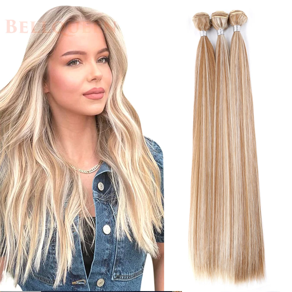 26 Inch Long Heat Resistant Synthetic Silky Straight Hair Weave Bundles Piano Blonde Hair Extension Bone Straight Hair Weaving