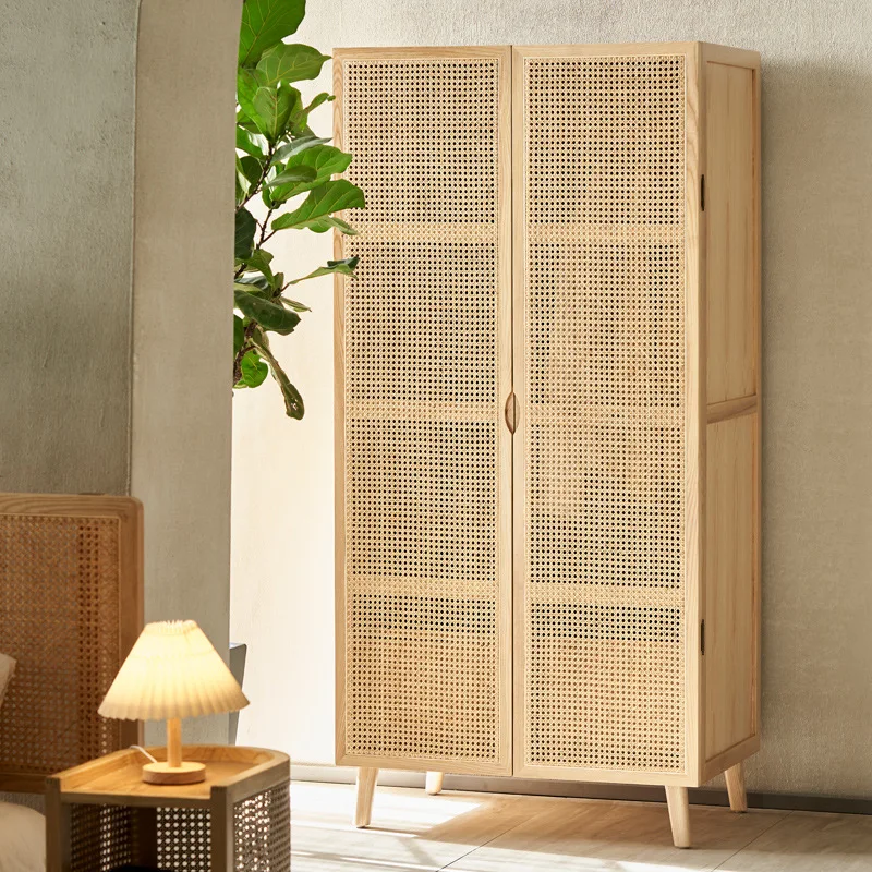 

Modern minimalist solid wood rattan wardrobe household bedroom online celebrity double-door hanging wardrobe with opposite doors