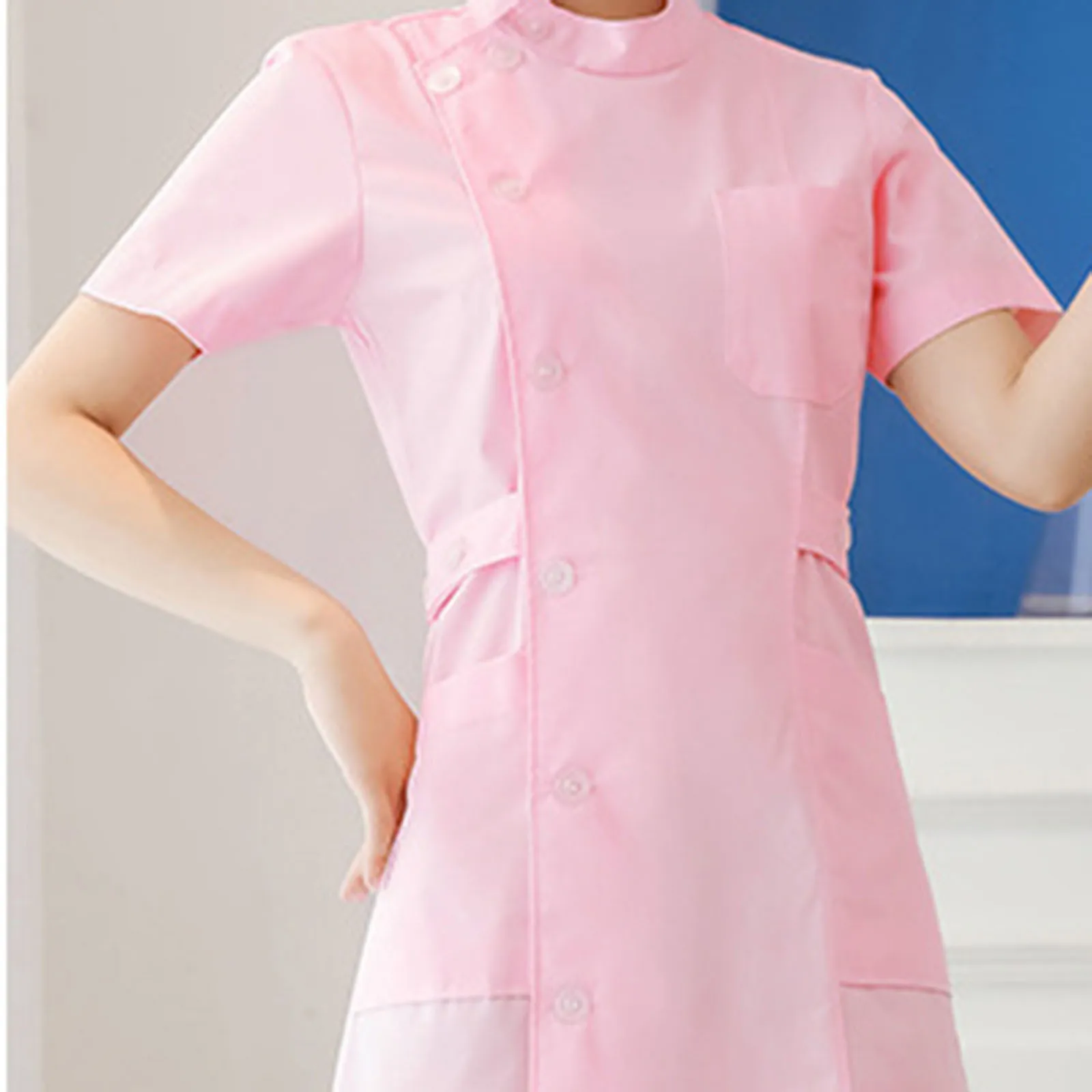 Women Nurse Dress Working Uniform Workwear Healthcare Gown Solid Color Short Sleeve Scrub Dresses Uniformes White Blue Pink