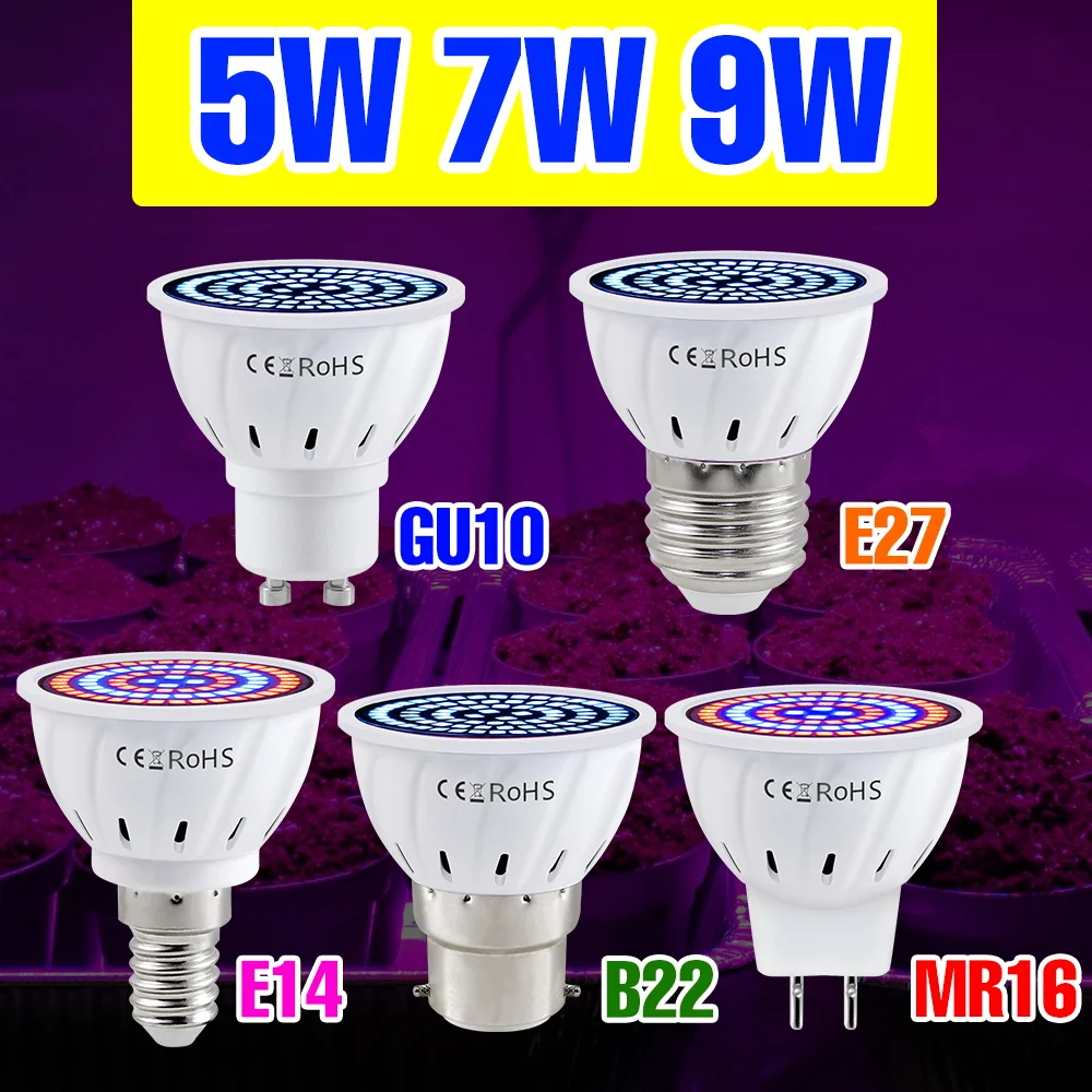 

LED E27/E14 Plant Grow Light Bulb GU10 Full Spectrum Cultivation Lamp MR16 220V Indoor Growbox Bulbs B22 For Potted Seed Flowers