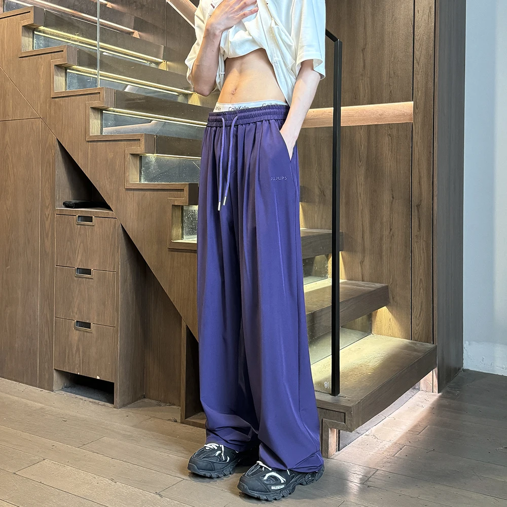 

Новые летние брюки из ледяного шелка для пар, свободного кроя, с широкими штанинами, драпированные, модные, молодежные, повседневные, однотонные, коллекция 2024 года