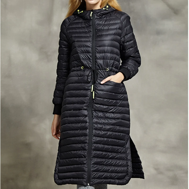 

Hooded Winter Coat Female Medium-length Jacket Down Lightweight Windproof Parka Simple Slim Drawstring Outerwear Women Jacket