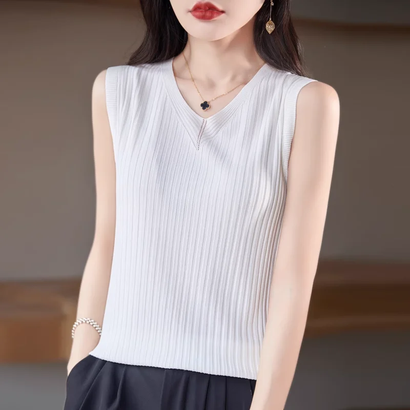 Korean Fashion Summer New Tank Top Women Solid Ice Silk V-neck Screw Thread Temperament Versatile Loose Sleeveless Knitting Vest