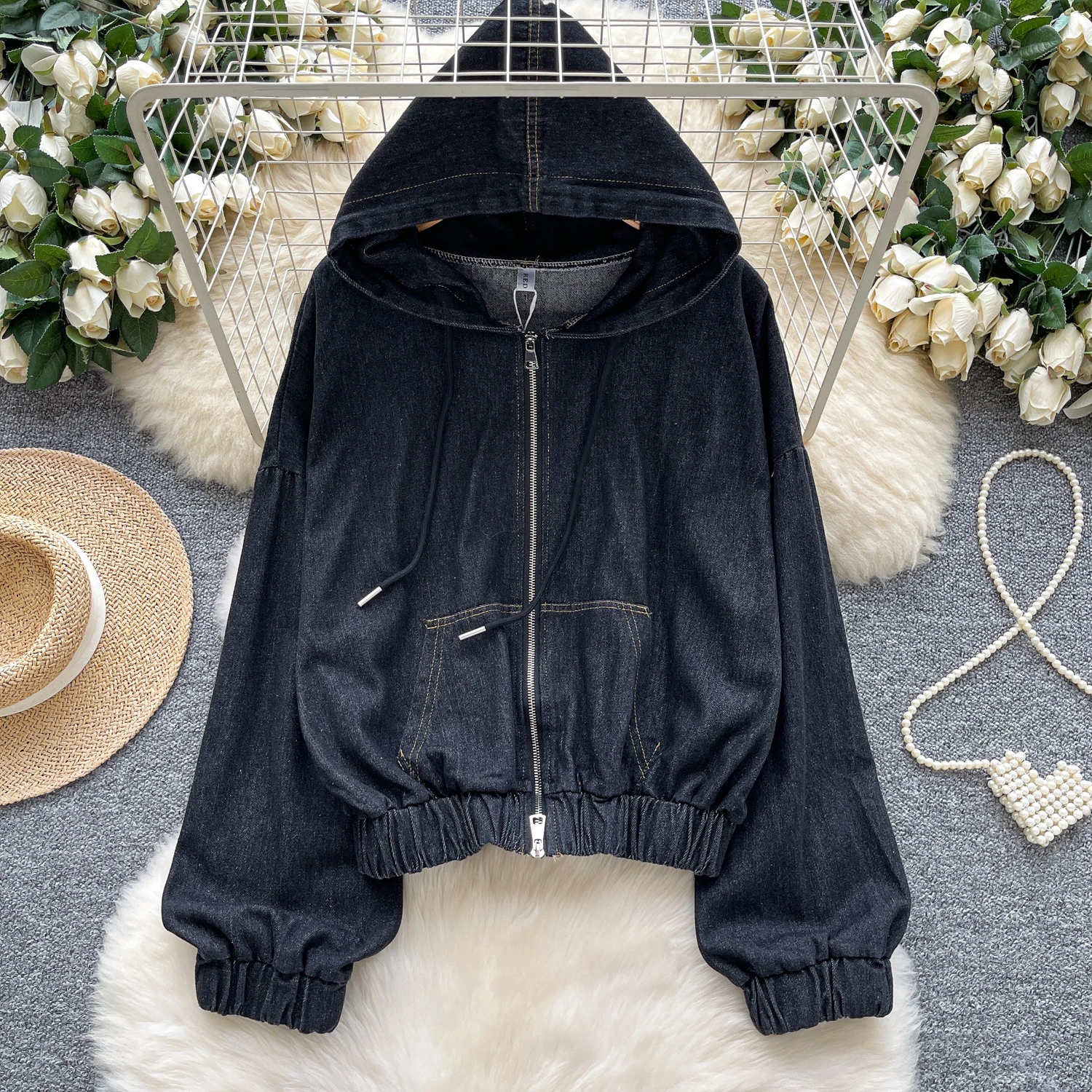

Korean Fashion Hooded Denim Coat Women's Autumn New Loose Versatile Double Zippers Design Jackets Vintage Casual Lady Outerwear