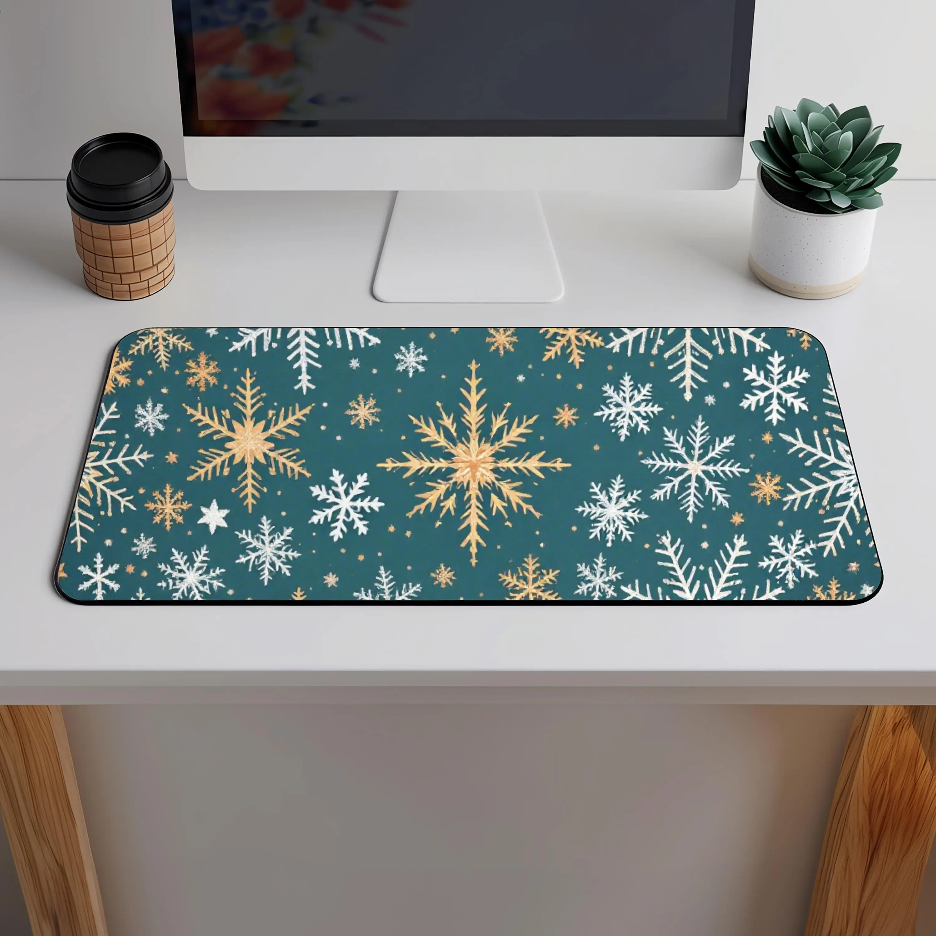

Teal, Gold, and White Snowflake Patterned Placemat, Winter Wonderland Mouse Pad, Elegant Christmas Gift for Snow Scene Lovers