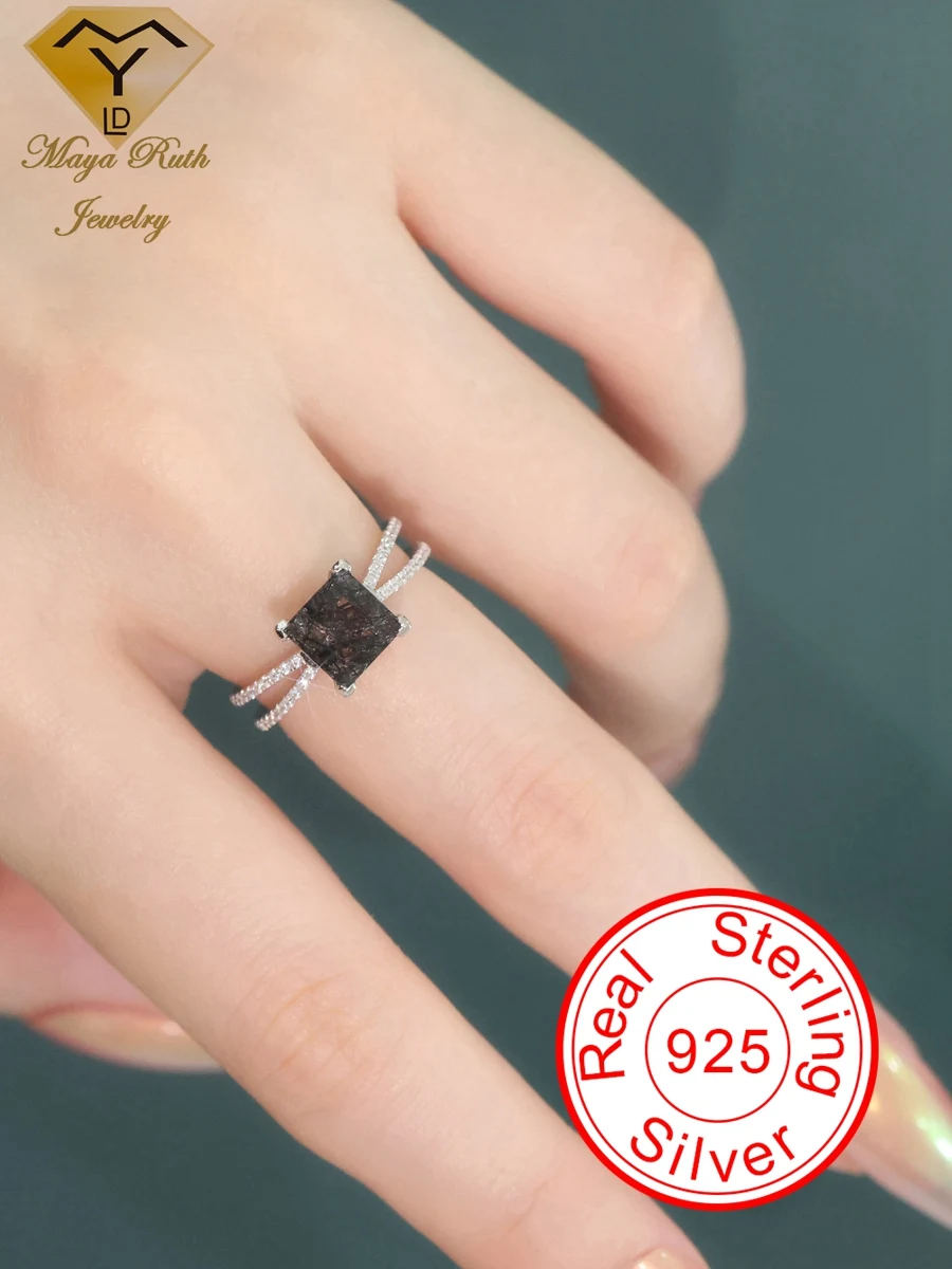 Vintage Natural Black Rutilated Quartz Engagement Ring Square Cut  925 Sterling Silver White Gold Plated Wedding for Women New