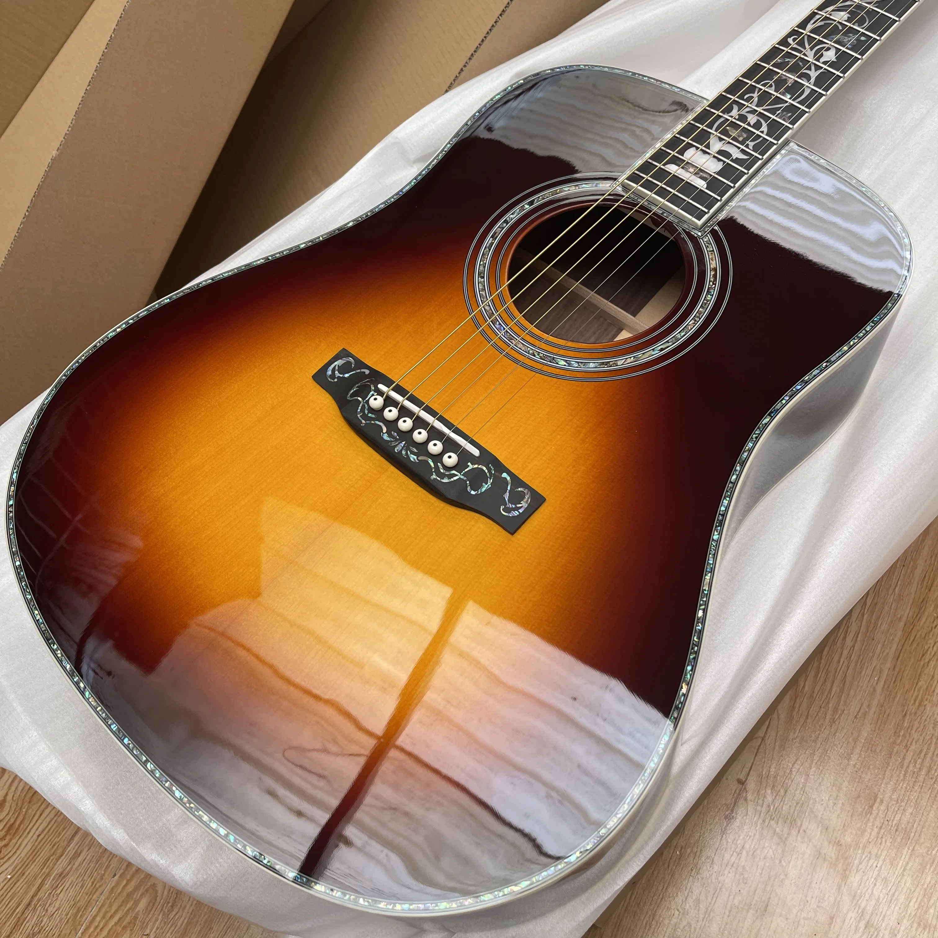 New  Acoustic Guitar D45 Model Solid Spruce Real Abalone Ebony Fingerboard/Bridge Bone nut In Sunburst 241019