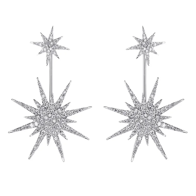 Shiny Double Layered Eight Pointed Burst Star Drop Earrings for Women