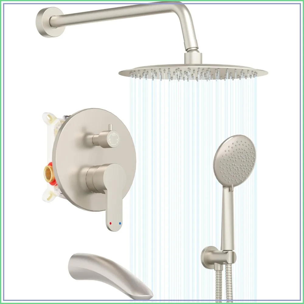 Shower System with Tub Spout, Bathtub Faucet Set with High Pressure 12" Rain Head and Handheld Spray, 3-Way Pressure Balance Valve Kit