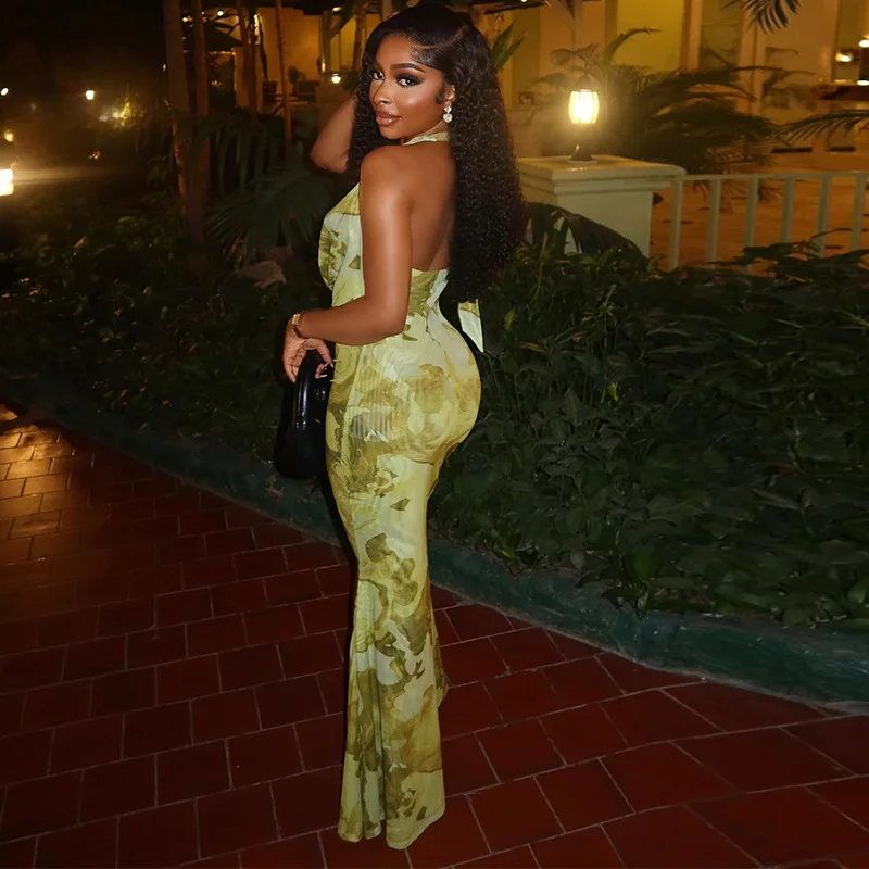 Siostra gwiazda 2025 damska świeża moda z nadrukiem Backless elegancka sukienka z rybim ogonem wąska sukienka z głębokim dekoltem w szpic