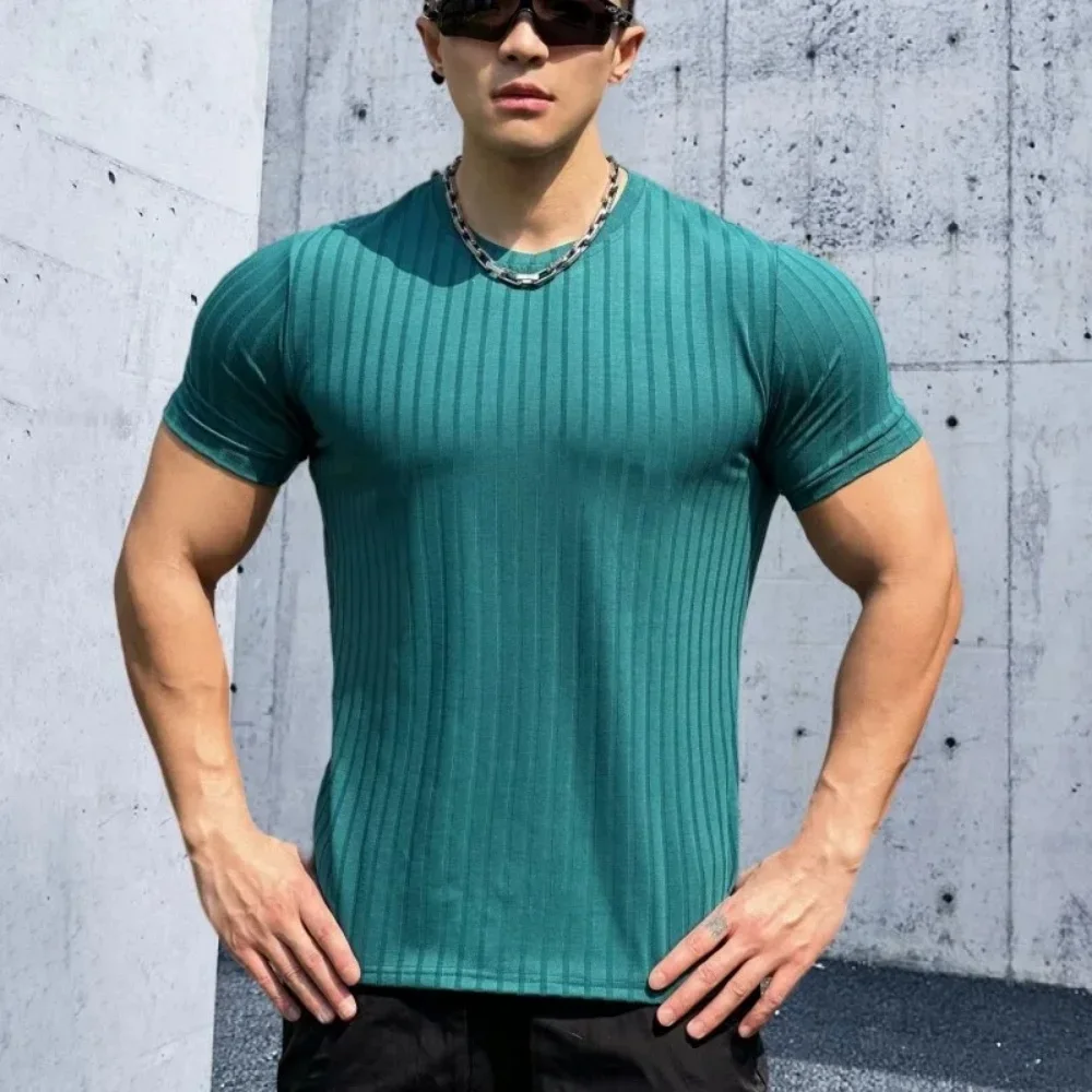 2024 NEW elasticity Fitness T-shirt Summer Sports Short sleeved Tight T-shirt Fashion Stripe running T-shirt Men's sportswear