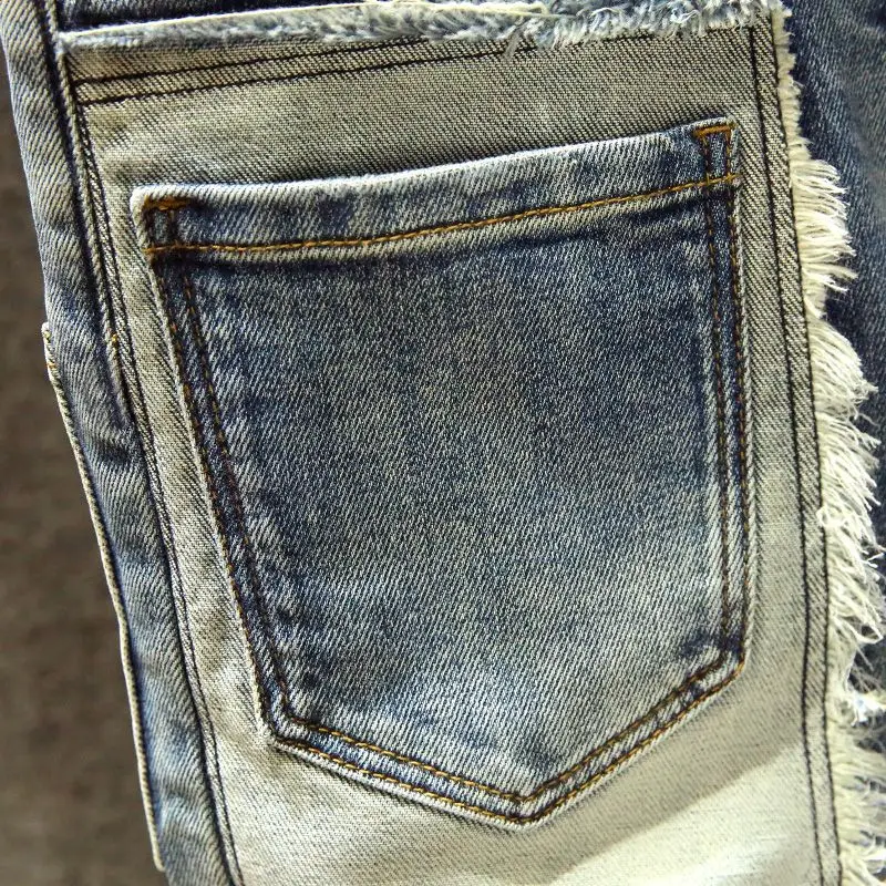 Trendy 2025 Brand Sticker Handsome Jeans Men's Designer Multi-pocket Trend Slim-fitting Pants Patchwork Patch Elastic Trousers