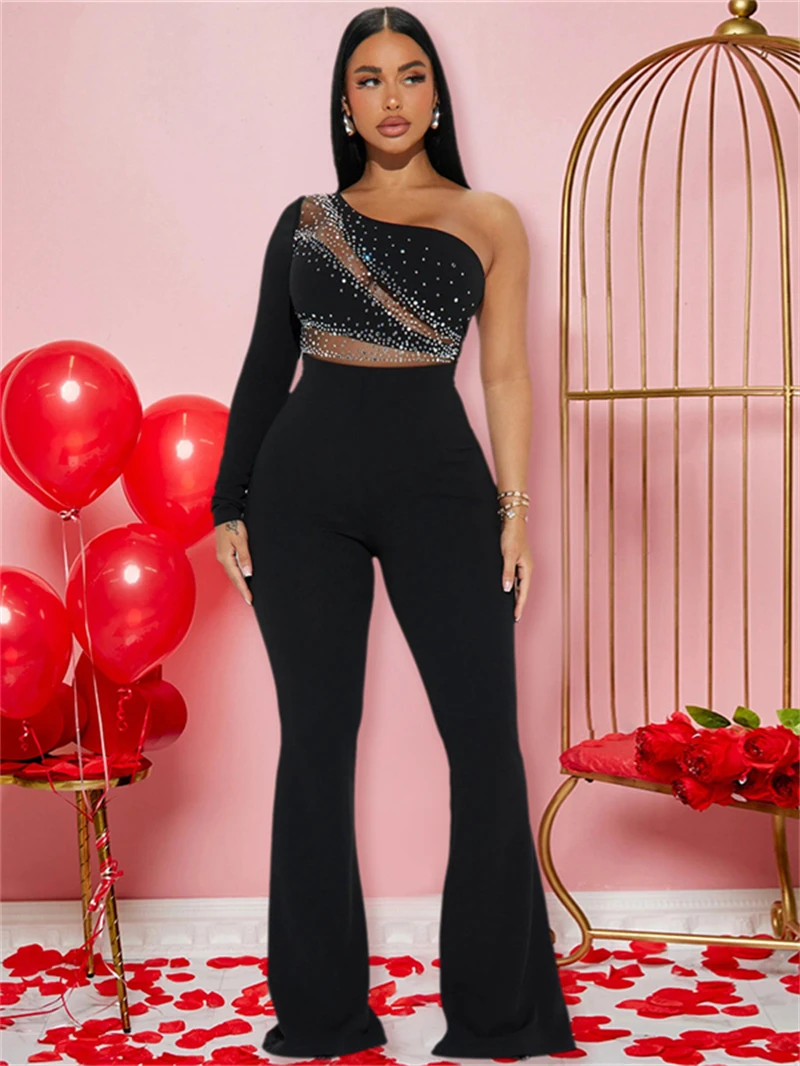 

Sexy Mesh Patchwork Hot Rhinestones Jumpsuits Spring Clothes Women 2025 One Shoulder Long Rompers Playsuits One Pieces Overalls