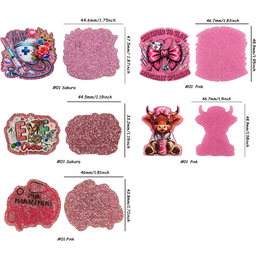 10Pcs Medical Nurse Text Acrylic Flatback Pink Glitter Colorful Planar Resins DIY Accessories For Jewelry Making Brooch Card