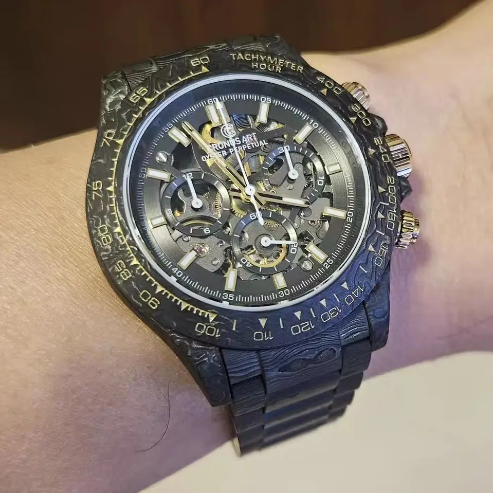 CRONUSART Men Chronograph Watch Sport Automatic Mechanical Wristwatch Carbon Fiber Case Strap Waterproof Luminous Sapphire