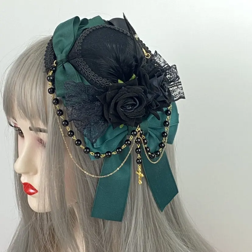 Lolita Goth Burgundy Rose Retro Hair Accessories Lace Hair Clip Headdress Flat Hat Top Hat