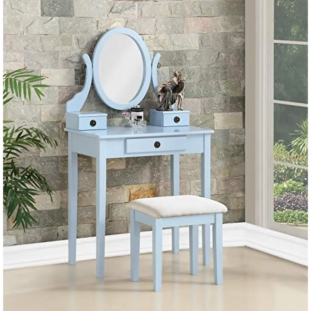 

Wood Vanity Table and Stool Set with Mirror and 3 Drawers Blue Upholstered Beige Fabric Adjustable Oval Frame Makeup Station