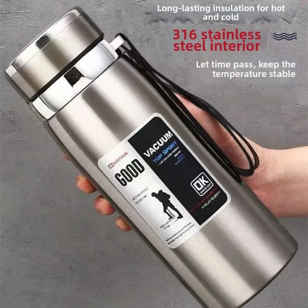 

800/1000ml Sports Thermos Bottle Stainless Steel Large Capacity Portable Vacuum Flask with Hanging Rope Heat-resistant