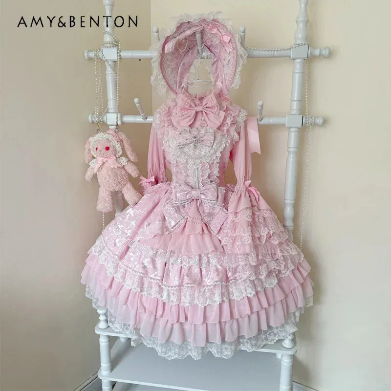 25COSLolita نمط JSK الحمالات فستان المرأة مزاجه الحلو الصناعة الثقيلة متعدد الطبقات توتو فستان مضيئة كم قميص فستان Se