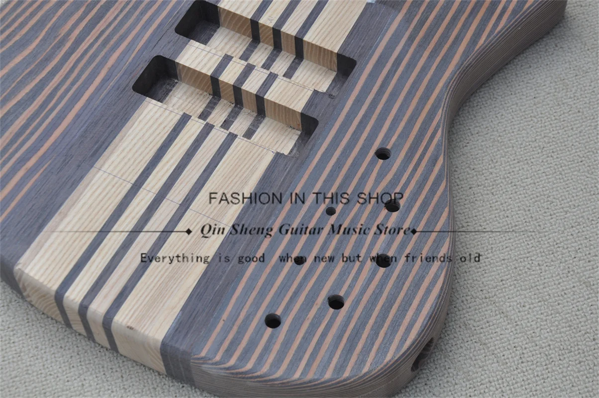 6-string bass guitar 7-piece wood neck through zebra wood body Semi-finished bass No paint No hardware