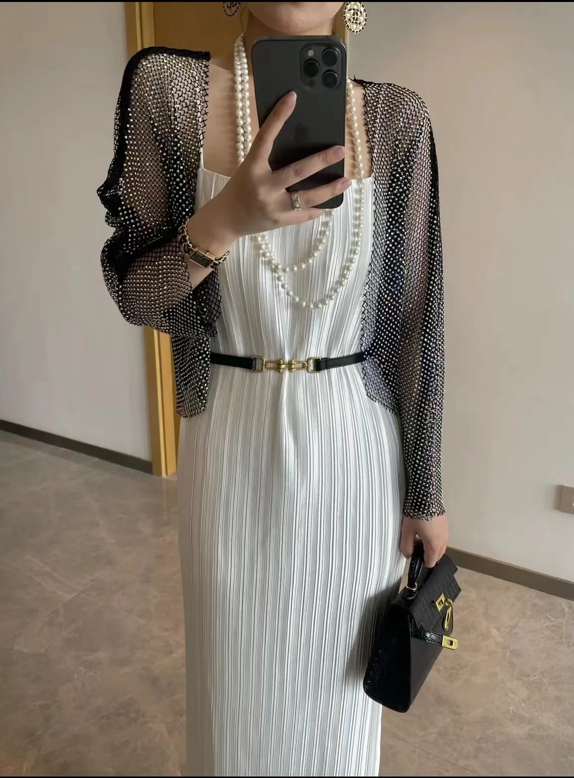 New Disco Sexy Light Diamond Crystal Mesh Shirt Top Bling Temperament Full Rhinestone Outer Wear Causla Cropped Cardigan