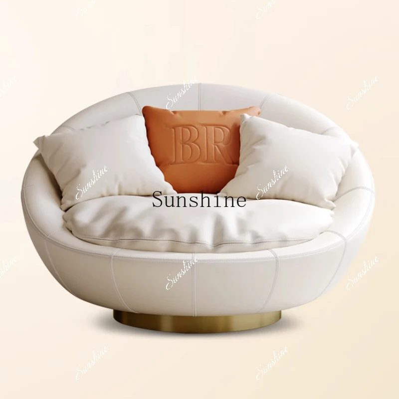 eggshell sofa, minimalist Italian light luxury, high-end leather rotating sofa chair in a large flat-floor villa  FT