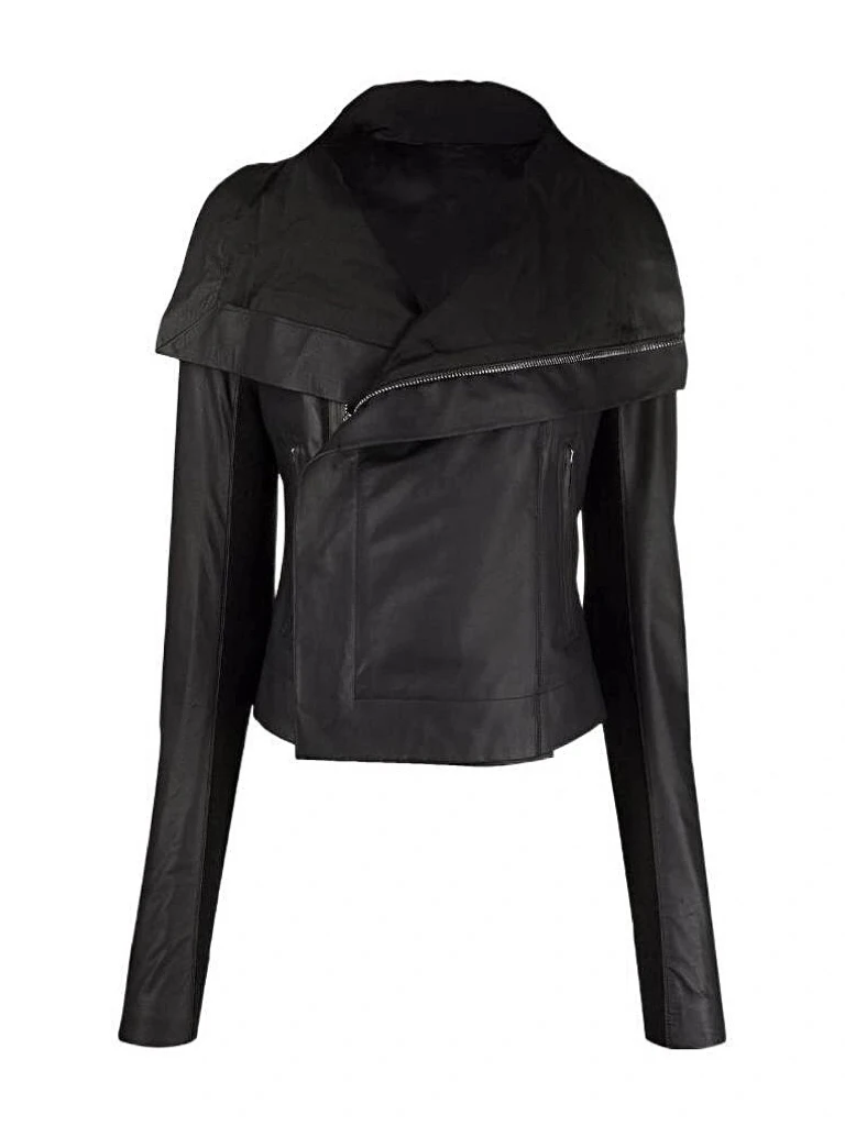 Slim Fit Biker Jaet k RO Sle Stand Collar Cintura Cinching Desconstruido Heavy Du Cuello alto Cremallera PU Abrigo de cuero W...