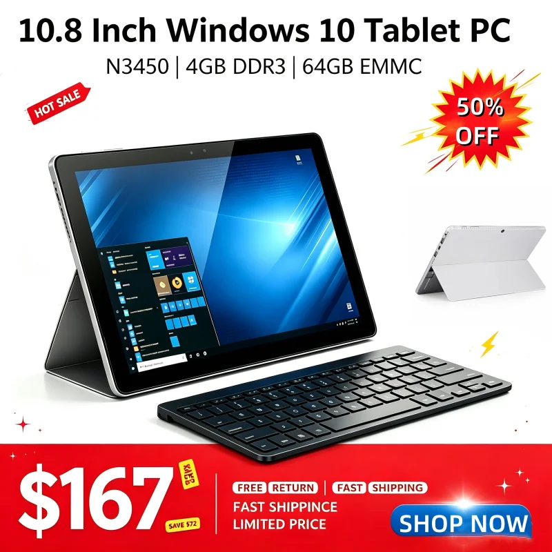 10.8인치 T10 CWI 540 윈도우 10 풀 HD 64비트 태블릿 PC N3450 CPU 쿼드 코어, 4GB DDR3 RAM 64GB ROM, 1920x1080