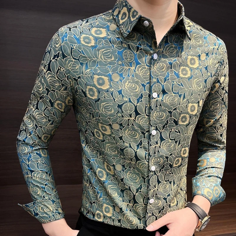 Trend Fashion Autumn Shirts Men Lapel Printing Single Breasted High Street Young Style Casual All-match Slim Long Sleeve Tops