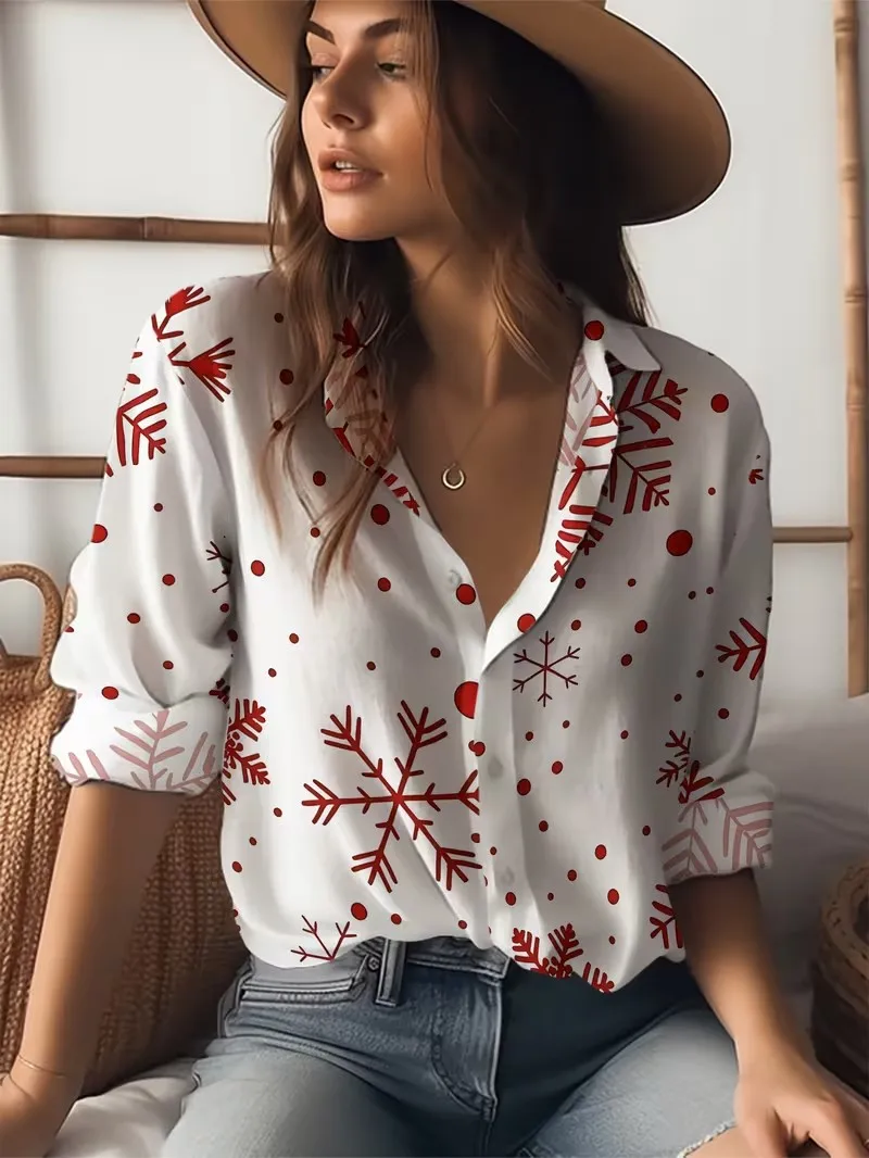 Ladies' Long Sleeved Lapel Button Casual Shirt 3D Christmas Element Printed Party Blouse Tops