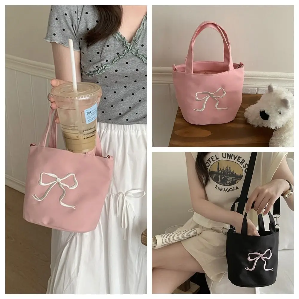 

Messenger Bag Embroidery Bow Canvas Bag Small Tote Bag Crossbody Bag Canvas Handbag Large Capacity Cloth Bowknot Shoulder Bag