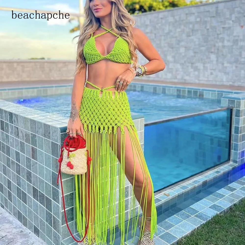 Beachapche Green Hand Macrame Tassel Beach Dress Women Sexy Hollow Out Lace Up Halter Backless Fringed Maxi Skirts