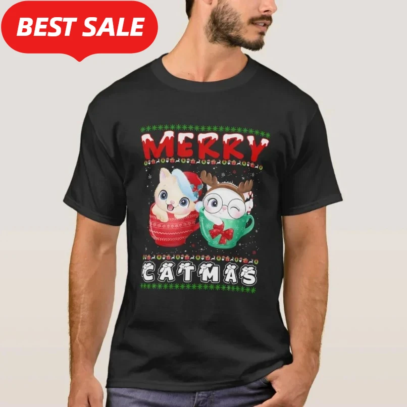 Funny Merry Catmas Cat Ugly Christmas Cat Loves Gift T-Shirt 100% Cotton O-Neck Short Sleeve Casual Mens T-shirt Size S-3XL