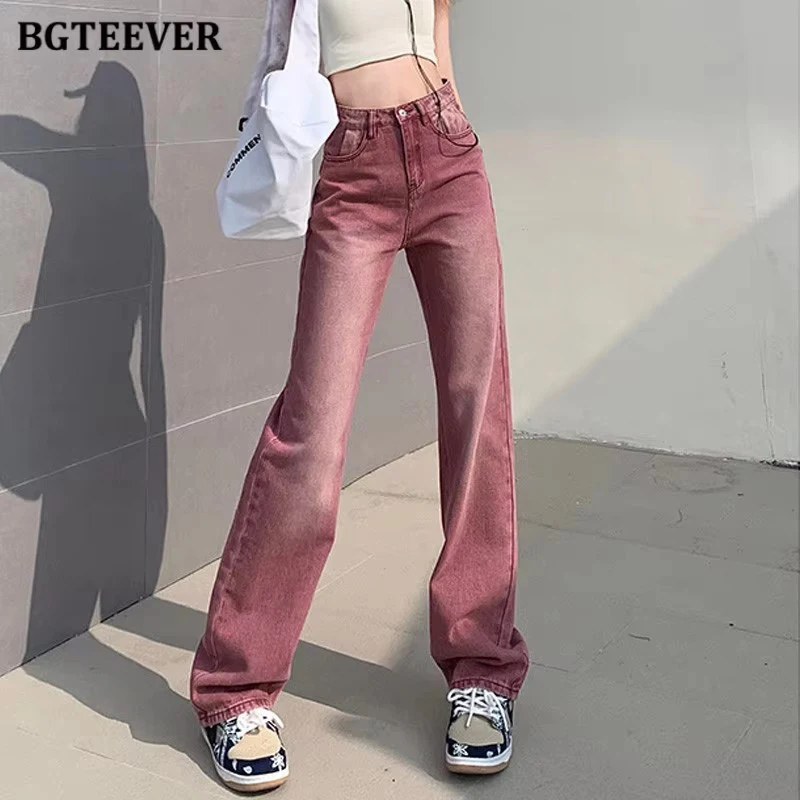 

BGTEEVER Vintage High Waist Single Button Female Straight Jeans Spring Summer Loose Pockets Washed Women Long Denim Pants