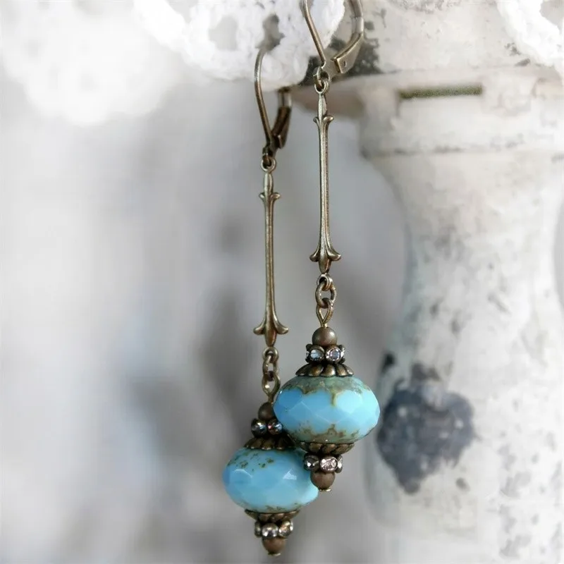 Ethnic Inlaid Imitation Turquoise Dangle Women's Earrings Vintage Silvery Color Hand Carving Pattern Daily Wear Party Jewelry