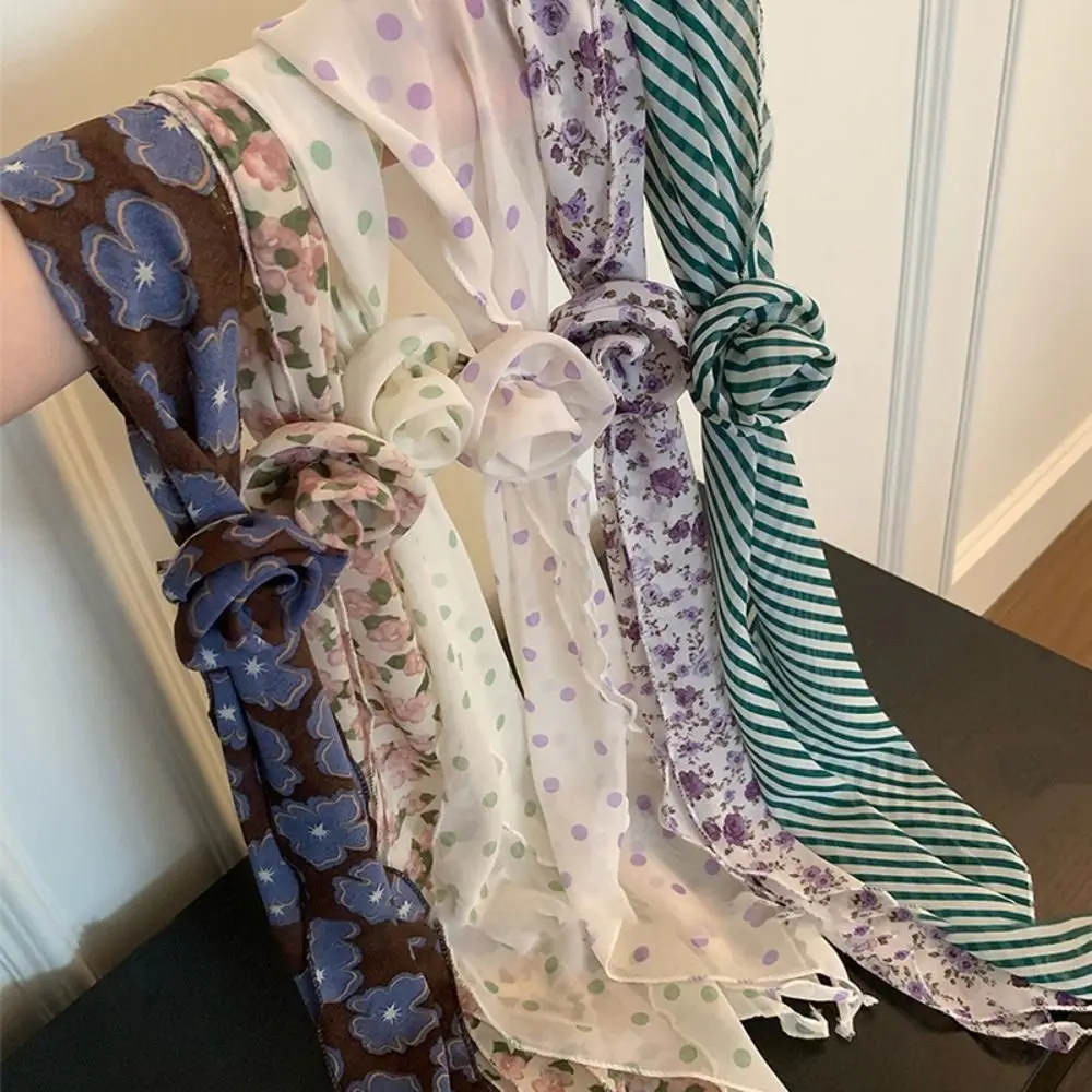 

Detachable Chiffon Long Scarf Versatile Thin Elegant Rose Decor Neck Scarf Polka Dots Floral Scarf Shawl Women Girls Gifts