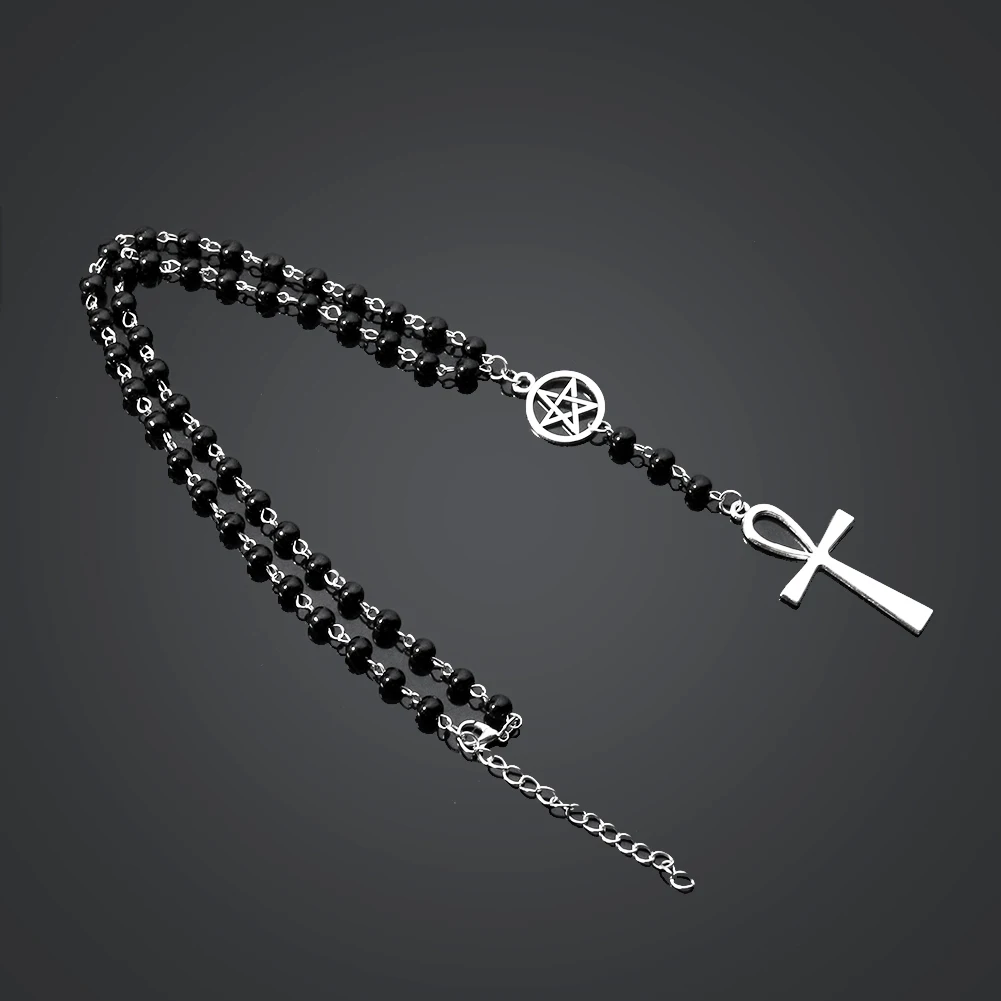 Ethnic Ankh Black Necklace Pentagram Egypt T Cross Pendant Beads Immortal Long Chain Permanent Witchcraft Collar Woman Jewelry
