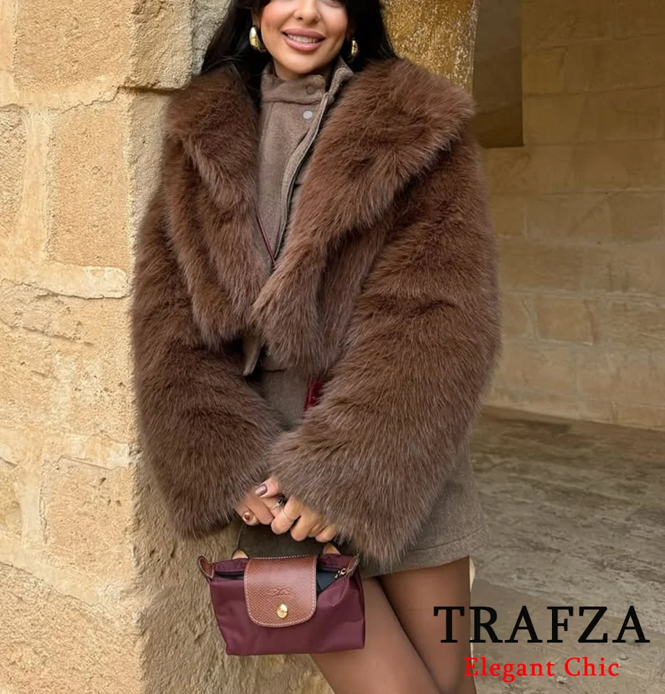 TRAFZA Women Fall Winter Faux Fur Jacket Vintage  Lapel Short Coat New 2025 Fashion Elegant High Street Casual Romantic Coat