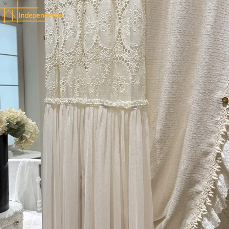 New French Cream Skirt Gauze Hollowed Out Embroidered Window Gauzes for Bedroom Balcony Living Room French Window Customized