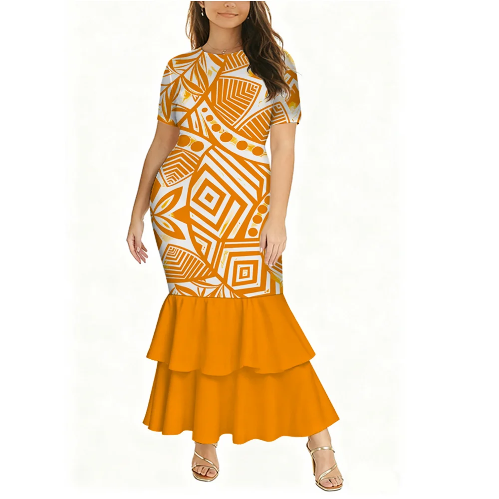 ชุดเดรสสั้นแขนสั้นทรงเข้ารูปคุณภาพสูงสำหรับผู้หญิงสไตล์โพลินีเซีย ซามัว ฟิจิ ตองกา แฟชั่นชุดเดรสยาวคลุมเท้าสำหรับงานเทศกาลและงานปาร์ตี้