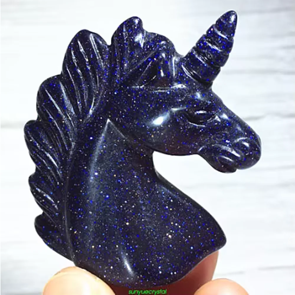 Hand Carved Crystal Healing, Natural Blue Sand Stone, Quartz Unicorn Skull, 1Pc